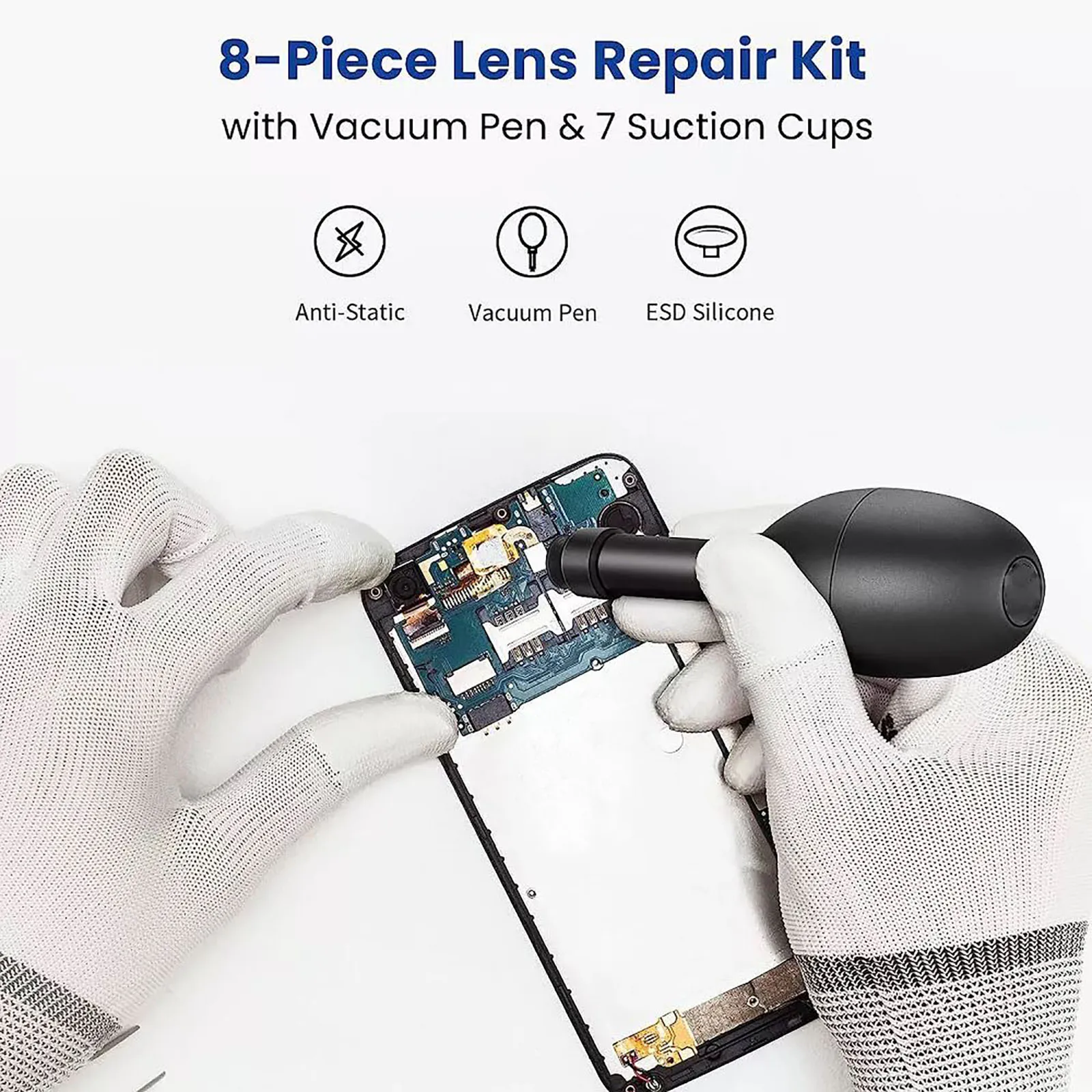 7-in-1 Lens Suction Pen Kit with 7 Interchangeable Suction Cups Anti-Static Silicone Vacuum Pen for Camera Lens Watch Electronics Repair