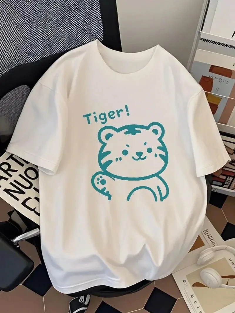 Women's Clothing with T-Tiger Print Graphic T-Shirts Y2k Vintage Streetwear Women's Tees Summer Tops Short Sleeve Crew Neck