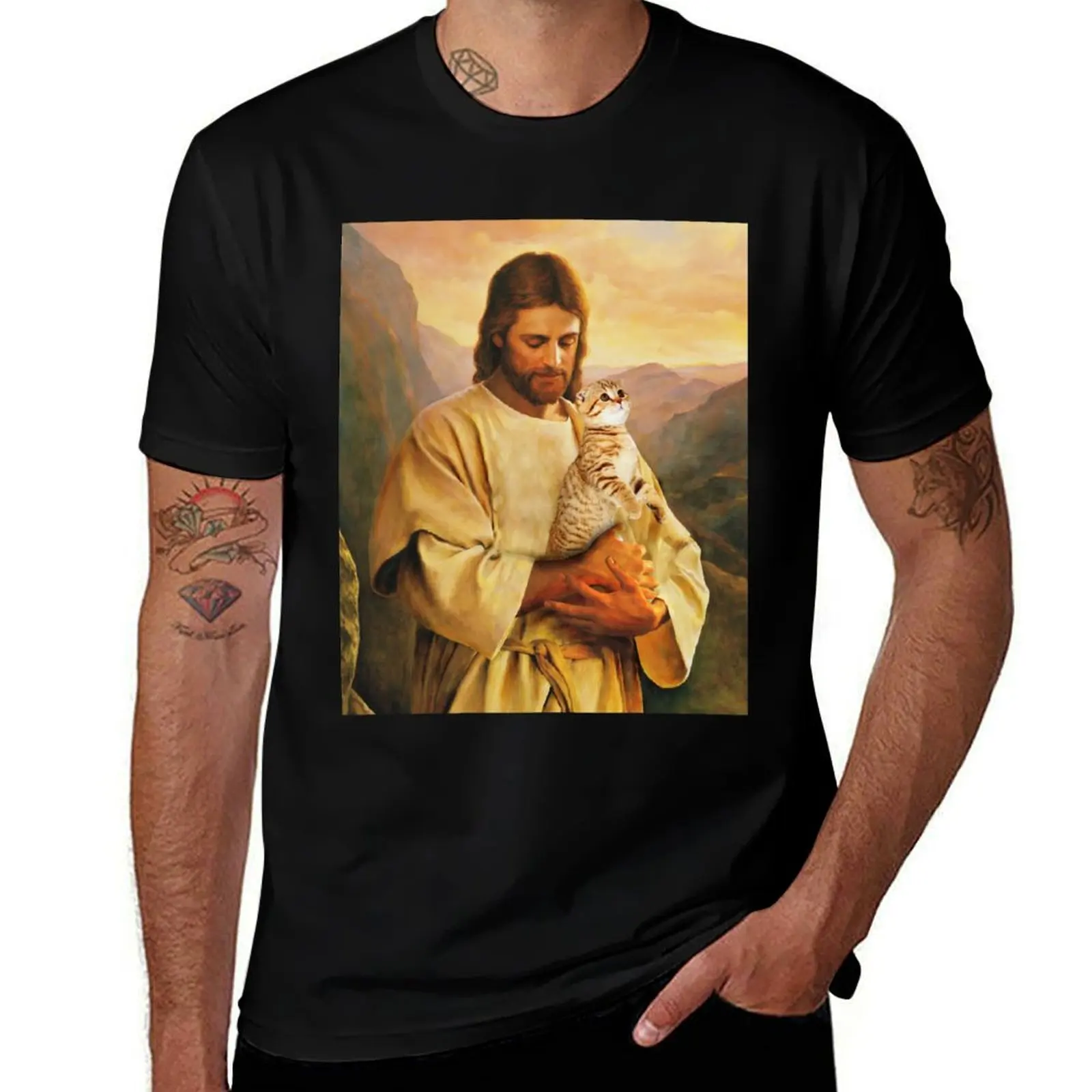 

funny cat and jesus lover T-Shirt men t shirt cotton 100% t shirts for man graphic funny t shirts for man cotton funny T-Shirt
