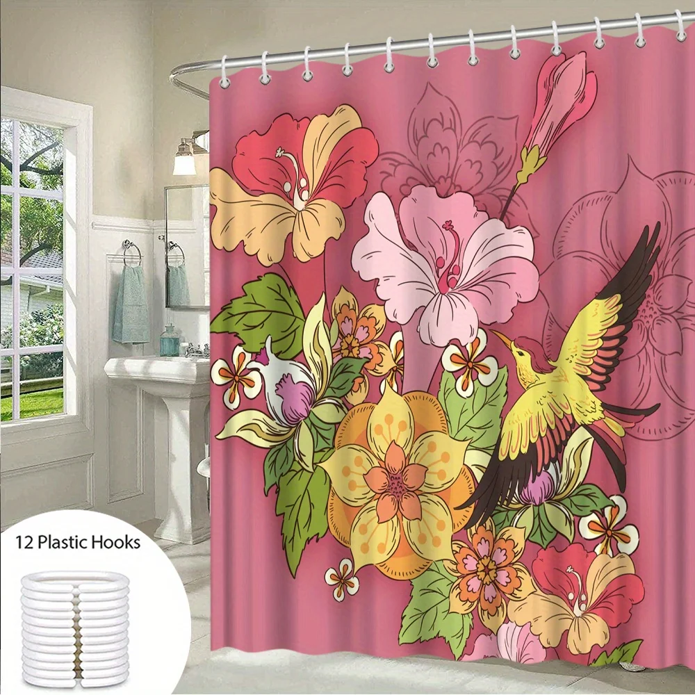 1pc Tropical Flowers & Yellow Bird Shower Curtain - Vibrant Cartoonish Style with Detailed Leaves, Soft Pink Background, 70.86x7