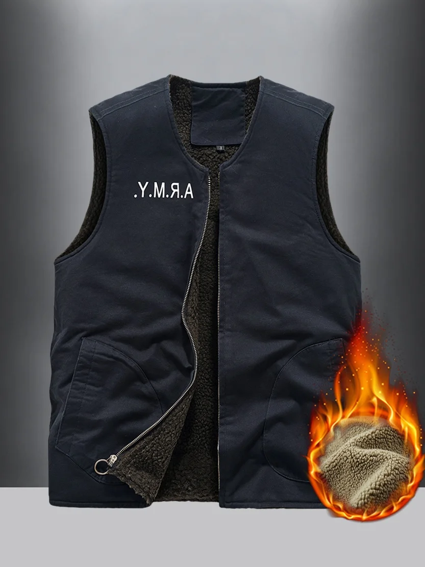 

Thiened Pure Cotton Lamb Velvet round Ne Vest Men's Casual Loose Fit Warm Autumn Winter Outdoor Wear Faion Urban Sle