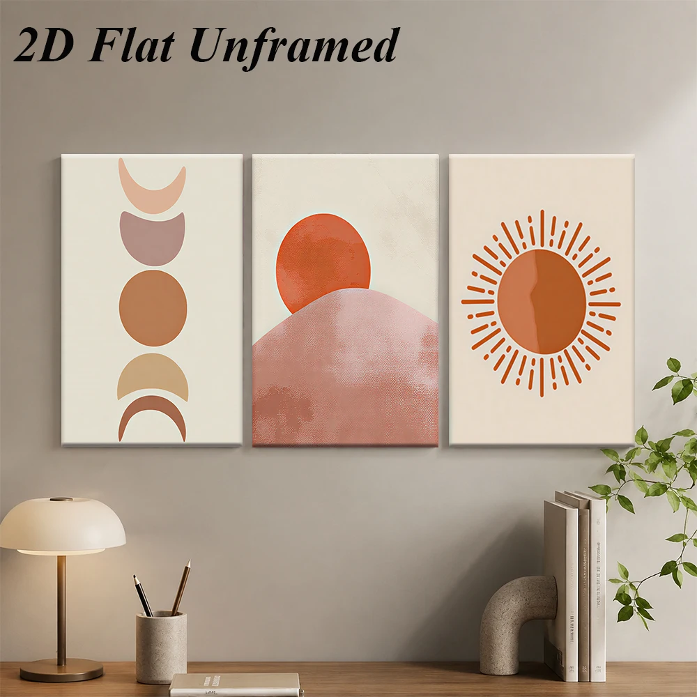 1 set of Nordic minimalist abstract triptych frameless decorative paintings, moon phase and sunrise, sun art paintings, beige wa