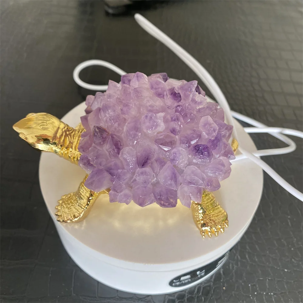 

Natural Crystal Amethyst Tooth Turtle Cute Animal Figurines Healing Statue For Home Decoration Child Bedside lamp Gifts