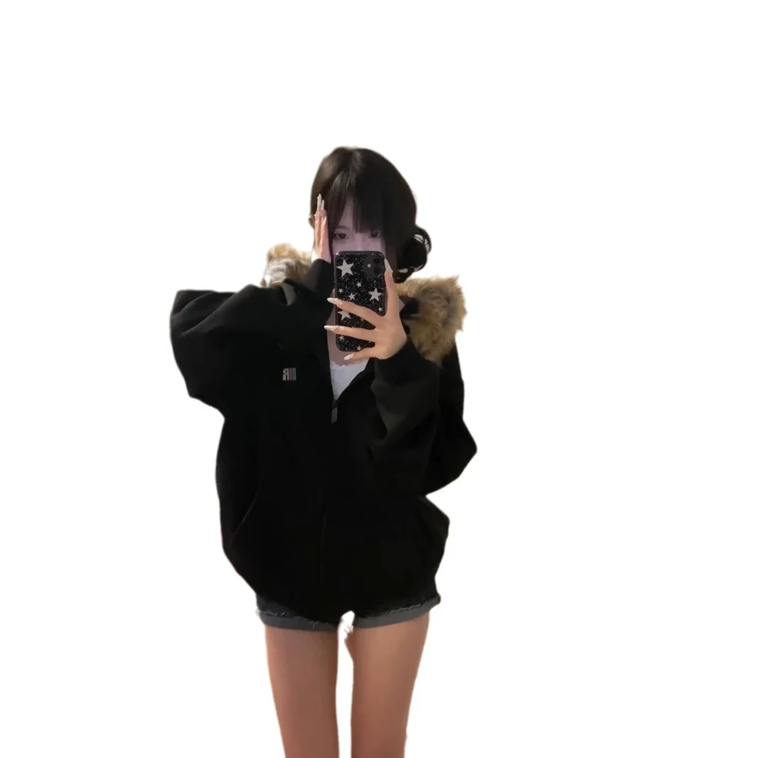 Women Black Zip Up Hoodies Vintage Korean Preppy Style Faux Fur Coat Oversized Casual Sweatshirt Harajuku Autumn Winter