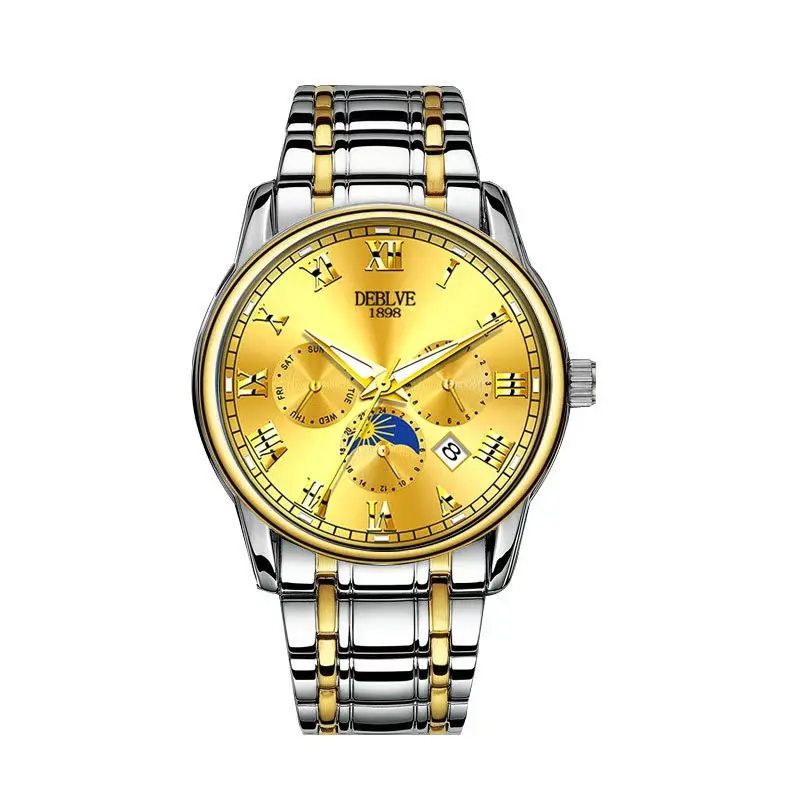 Men's Watch, Fashionable Automatic Non-Mechanical Steel Belt Imitation Multi-Function Calendar Quartz Watch