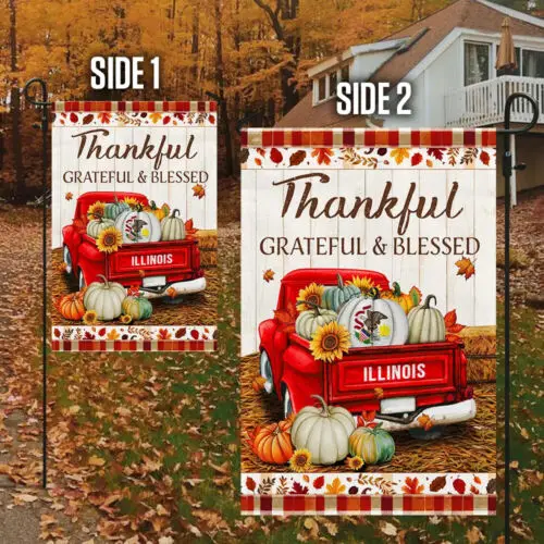 Illinois State Thankful Grateful And Blessed Pumpkins Thanksgiving Garden Flag