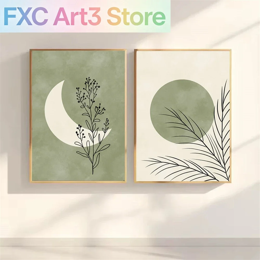 1pc frameless Bohemian Green Beige Landscape Wall Art Prints Plant Leaf Moon Sun Canvas Painting Abstract Poster Modern Living R
