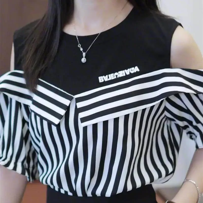 Off Shoulder Blouse Women Short Sleeve Stripe Shirt Korean Style Fashion Casual Loose Plus Size Tops