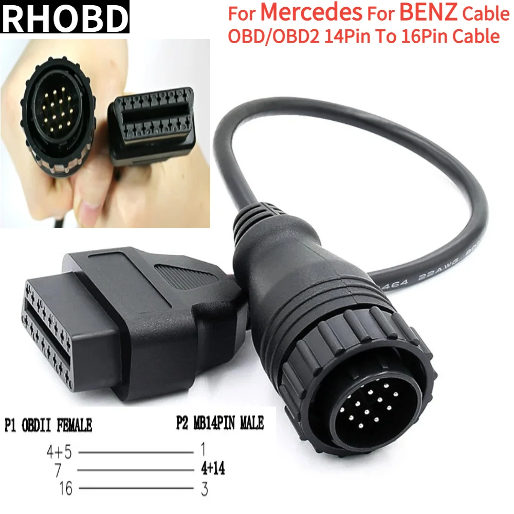 

NEW Suitable for Mercedes/Benz 14Pin To 16Pin Automatic Diagnostic Tool Connector Adapter Cable OBD2 Scanner Circular Socket