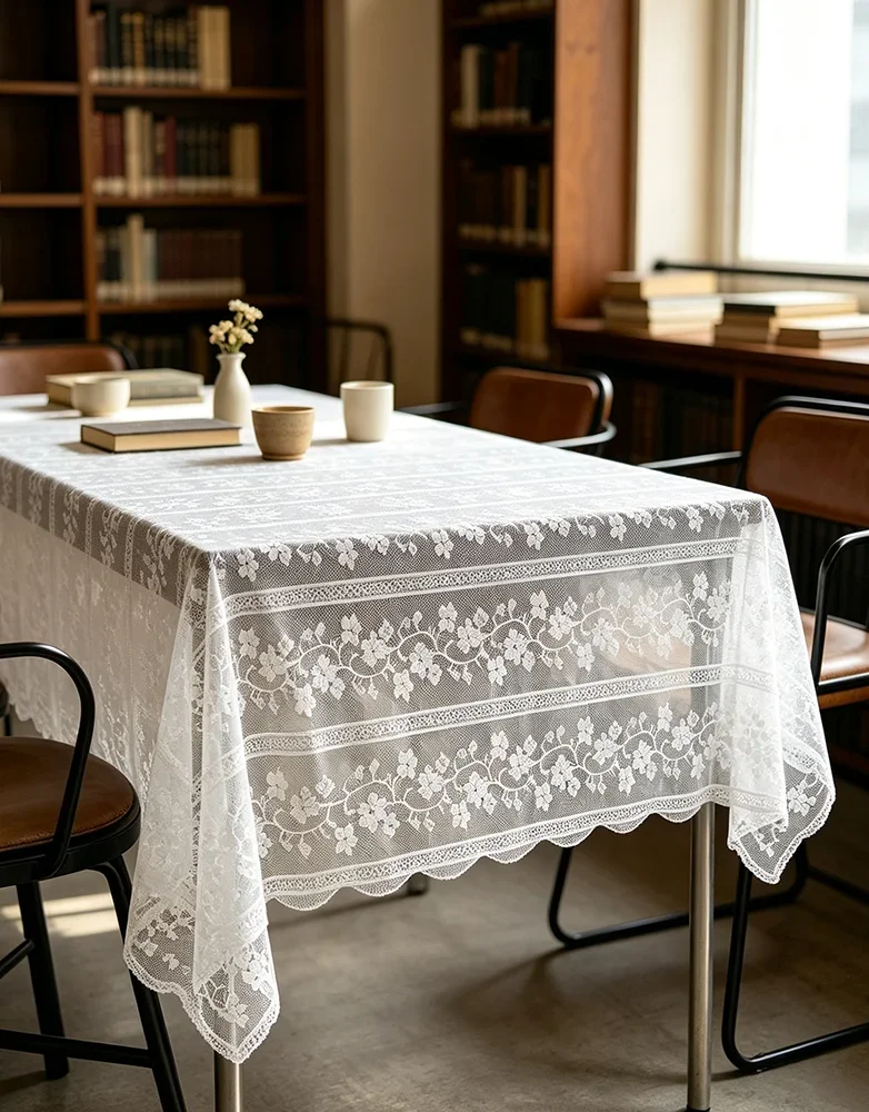 1PC Solid Color Floral Hollow Texture Wavy Edge Tablecloth, Lace Semi-transparent Dust Cover for Dining Room Library Home Decor
