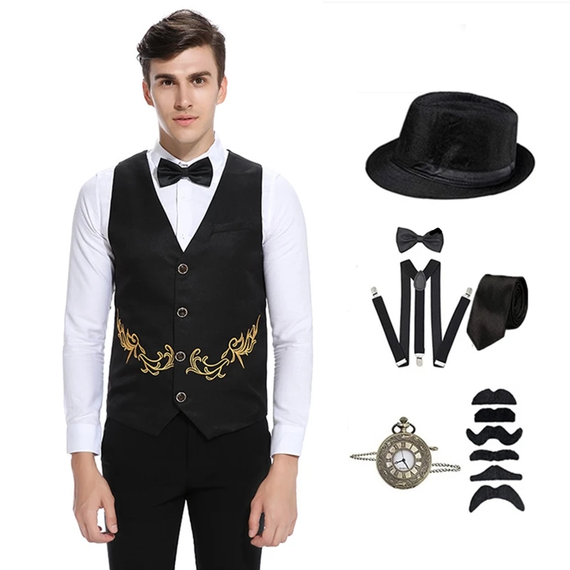 2023 New Product 1920s Gatsby Party Gentleman Vest Set Men's Formal V-Neck Tight Set Ball Party Set