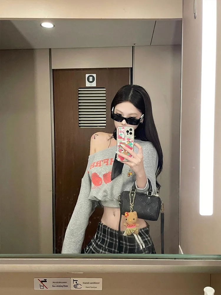 American Sle ort oulder Sexy ey Sweatirt Women's Spring Autumn Thin oulderl Lazy Loose Long Sve Top