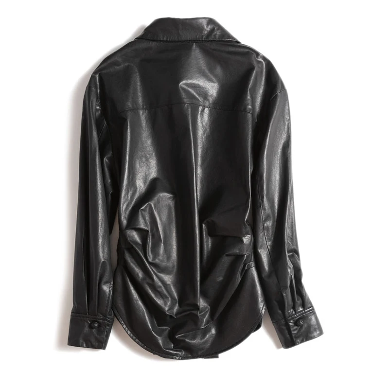 Veste en peau d'agneau déformée pour femme, chemise en cuir tanné végétal, manteau noir femme, taille fine, ourlet rond, automne, 2024