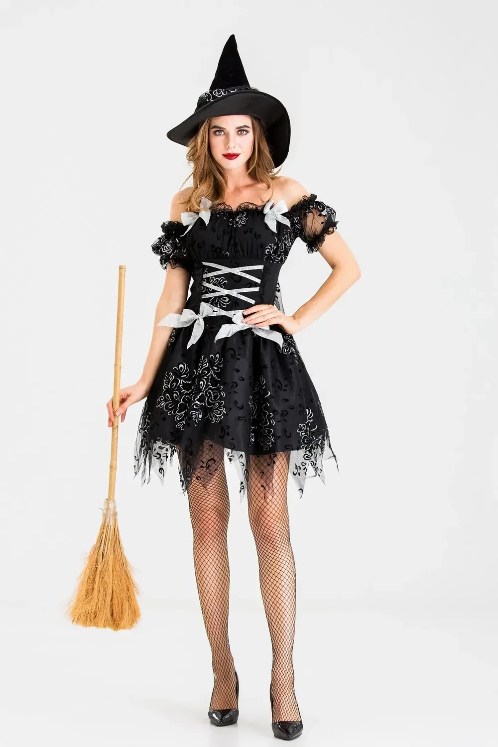 Adult Gothic Witch Costume Halloween Party Witch Costume Women Sexy Black Tulle Witch Dress+Hat