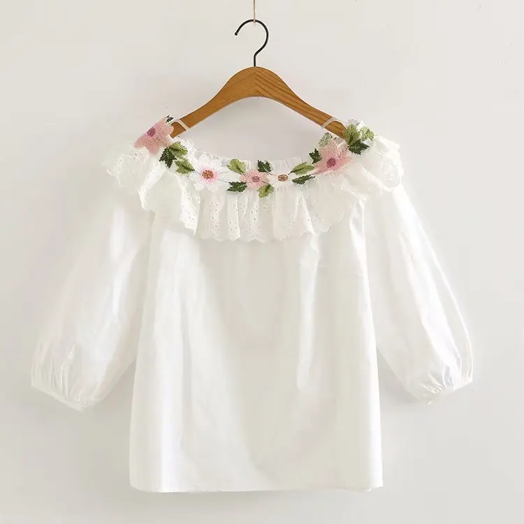 New Summer Cotton Half Sleeve Shirt Women Embroidery Floral Rose Tops Cute Girl Casual Sweet Loose Blouse 2024 Autumn T47255QM