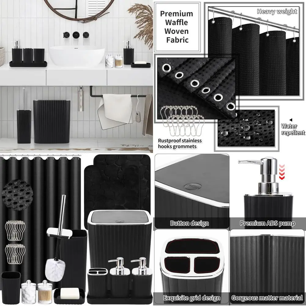 

Черный набор аксессуаров для ванной комнаты из 25 предметов: занавеска для душа и коврики в комплекте