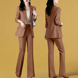 Women's Autumn Winter New Fashion Professional Suit Two Piece Korean Elegant Casual Blazer Jacket+Micro Flare Pants Matching Set