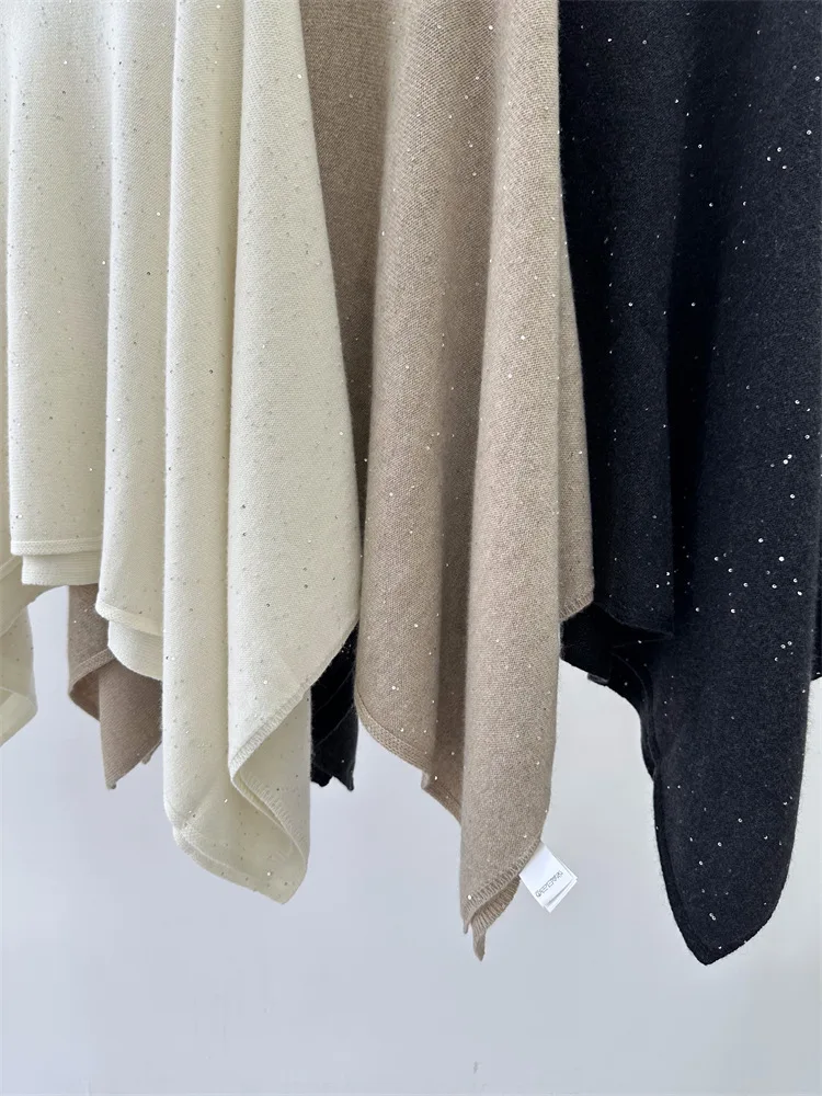 Autumn Winter Women Sequin O-Neck Casual Female Pure cashmere Shawl