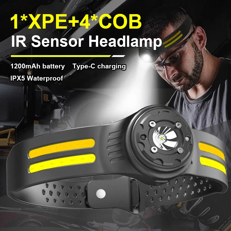 

1/2/4PCS LED Induction Headlamp USB Rechargeable Head Lamp XPE+COB Headlight Built In Battery Working Light Fishing Head Lantern