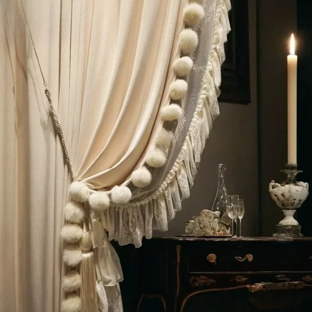 Custom Luxury Champagne Lace Thickened Blackout Curtains for Living Room Bedroom French Window Balcony Thermal Privacy Drapes