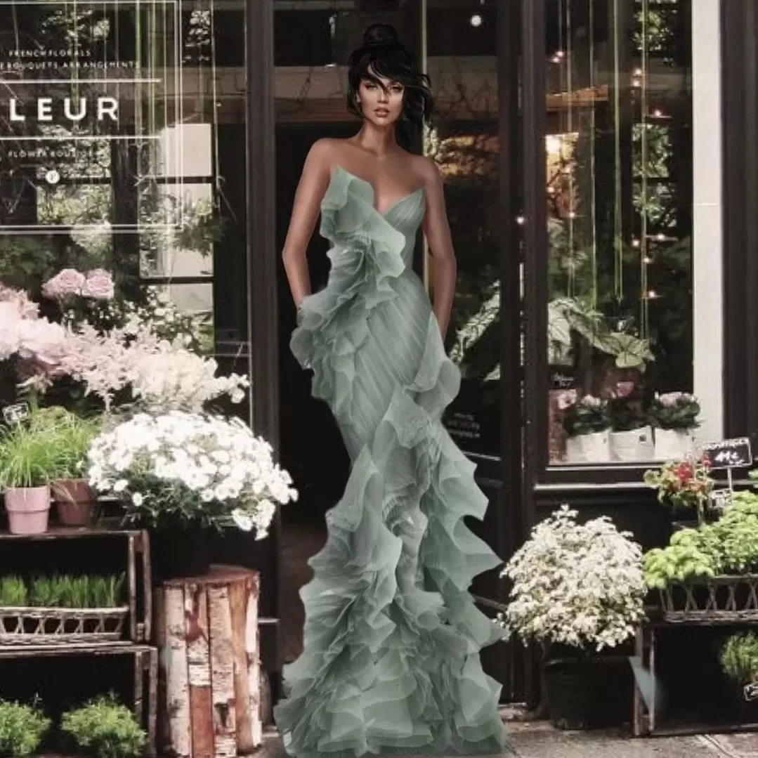 

Luxury Evening Dresses Mermaid V-neck Tulle Ruffles Long Turkey Dubai Saudi Arabic Evening Gown Prom Dresses