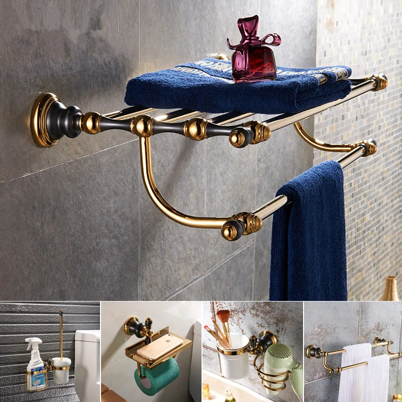 

All copper black gold towel rack bathroom gold shelf bathroom hardware pendant set