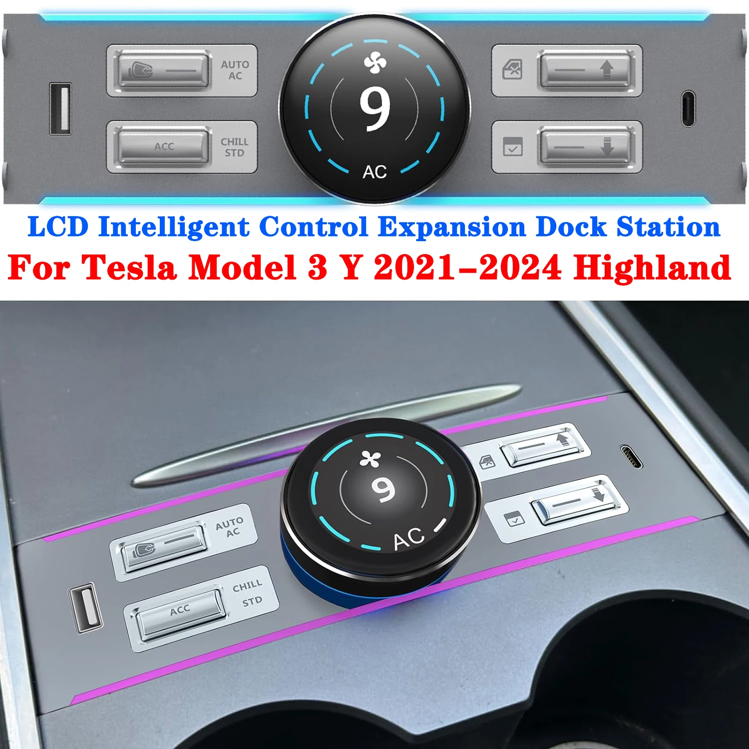 Fit for Tesla Model Y Model 3 Highland 2024-2021 LCD Intelligent Control Expansion Dock, USB Type C Charger Physical Button