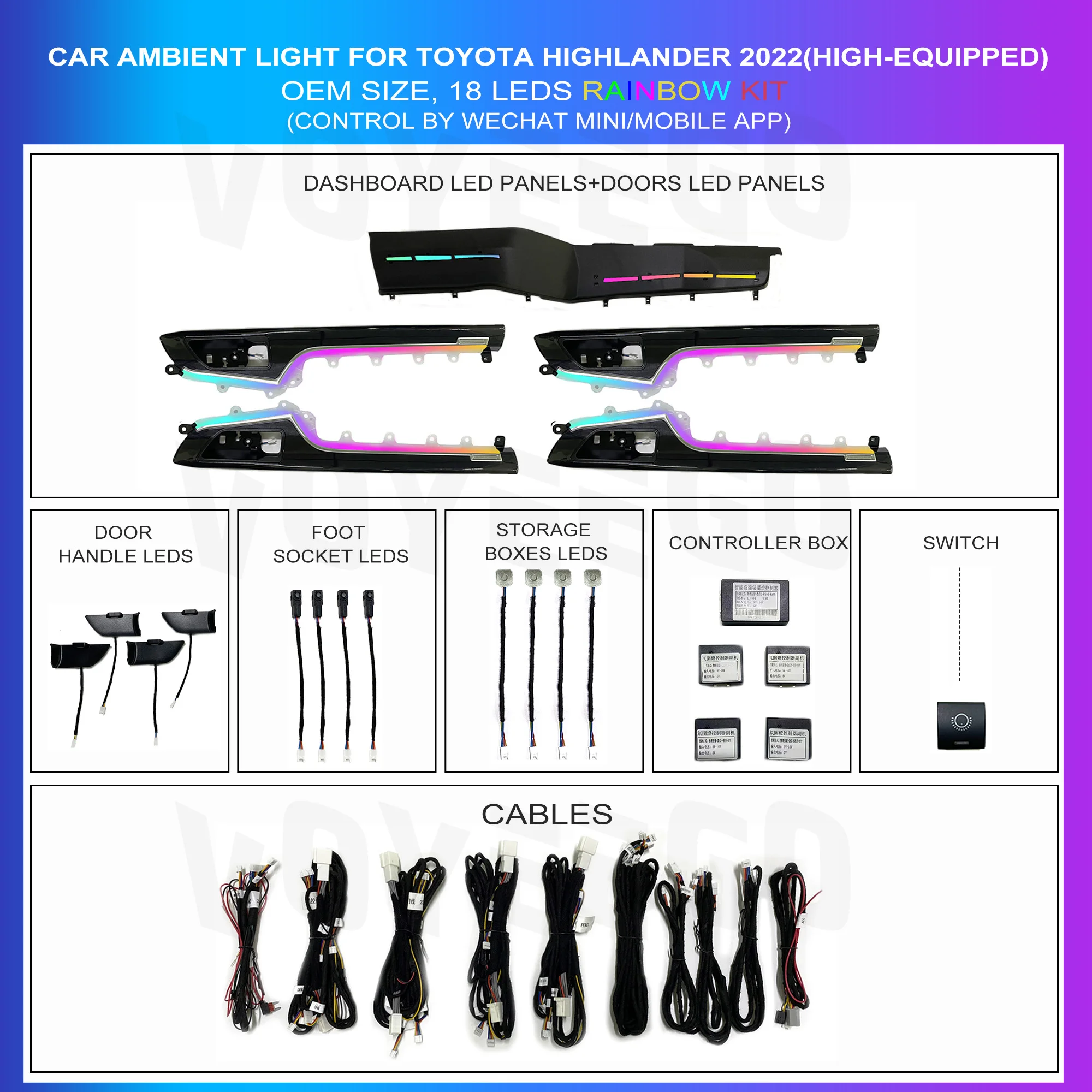 18 in 1 Symphony Ambient Light Car Kit for Toyota Highlander 2022-2023(High-Equipped) Decoration Atmosphere Lamp LED Accessories