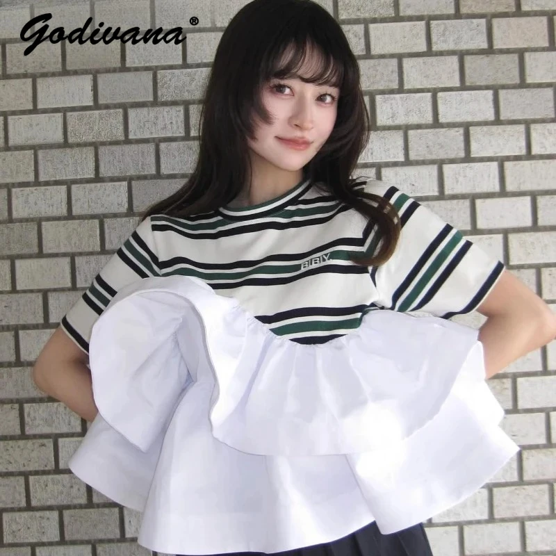 

2025 New Spring Summer Japanese Style Striped T-shirt for Women Girls Sweet Ruffle Edge Splicing Casual Top Tee Shirts