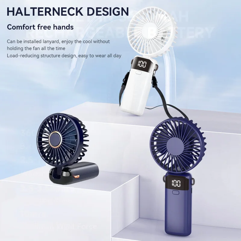 Mini Handheld Fan - USB rechargeable, portable, foldable design, 5-speed adjustable LED display, suitable for indoor, outdoor, office, and travel use.