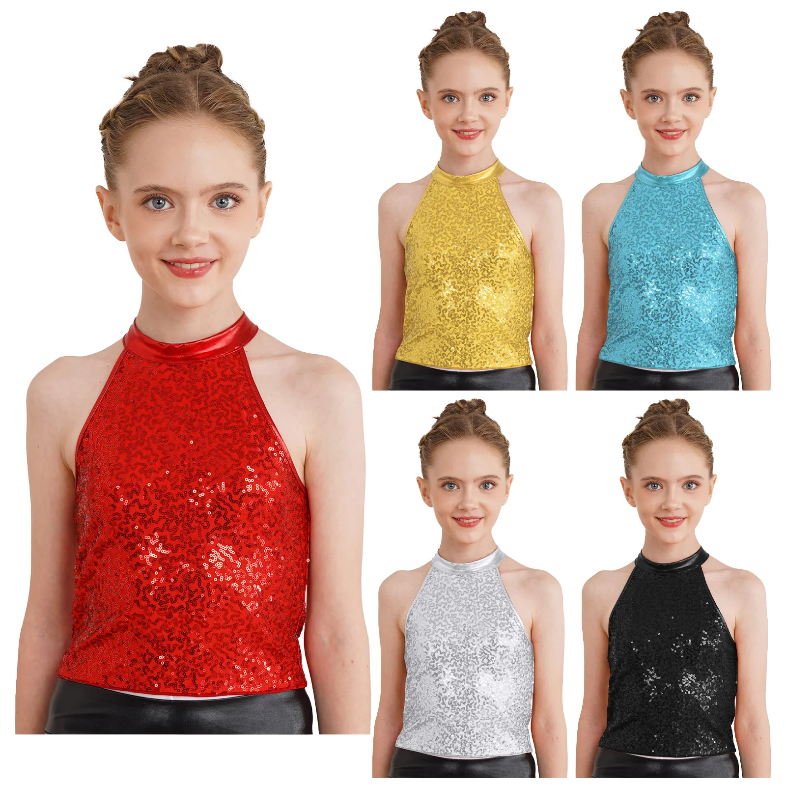 Camiseta sin mangas de baile para niñas, Top corto con cuello Halter de lentejuelas, animadoras, Jazz, gimnasia, baile de escenario, Comtume de actuación