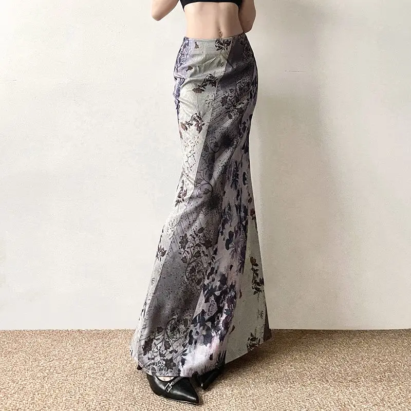 Retro Chinese floral print skirt, women's low waisted straight tube skirt, draping buttocks wrapped long skirt, summer
