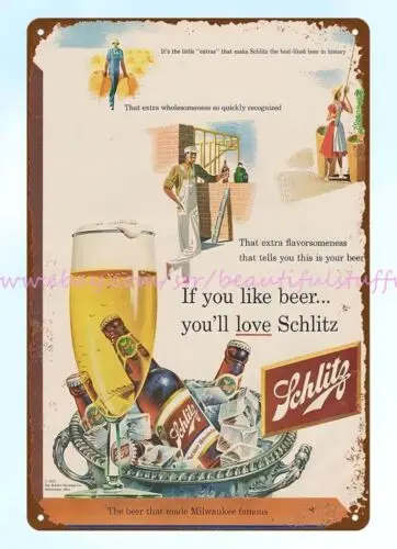 oil lodge cafes by artist 1952 SCHLITZ Beer Alcoholic Drink metal tin sign