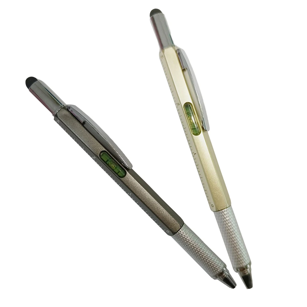 Multi-Function Tool Pen Level Scale Touch Screen 6in1 Metal Ballpoint Pen Measure Technical Ruler Screwdriver Hand Tool