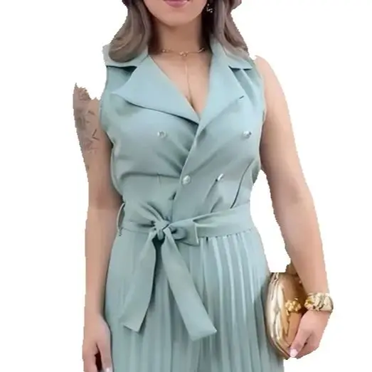 

Women's Long Jumpsuits Elegant Sleek Sleeveless Notched Collar Waist Tied Detail Jumpsuit Female Casual Wide Leg Pleated Rompers