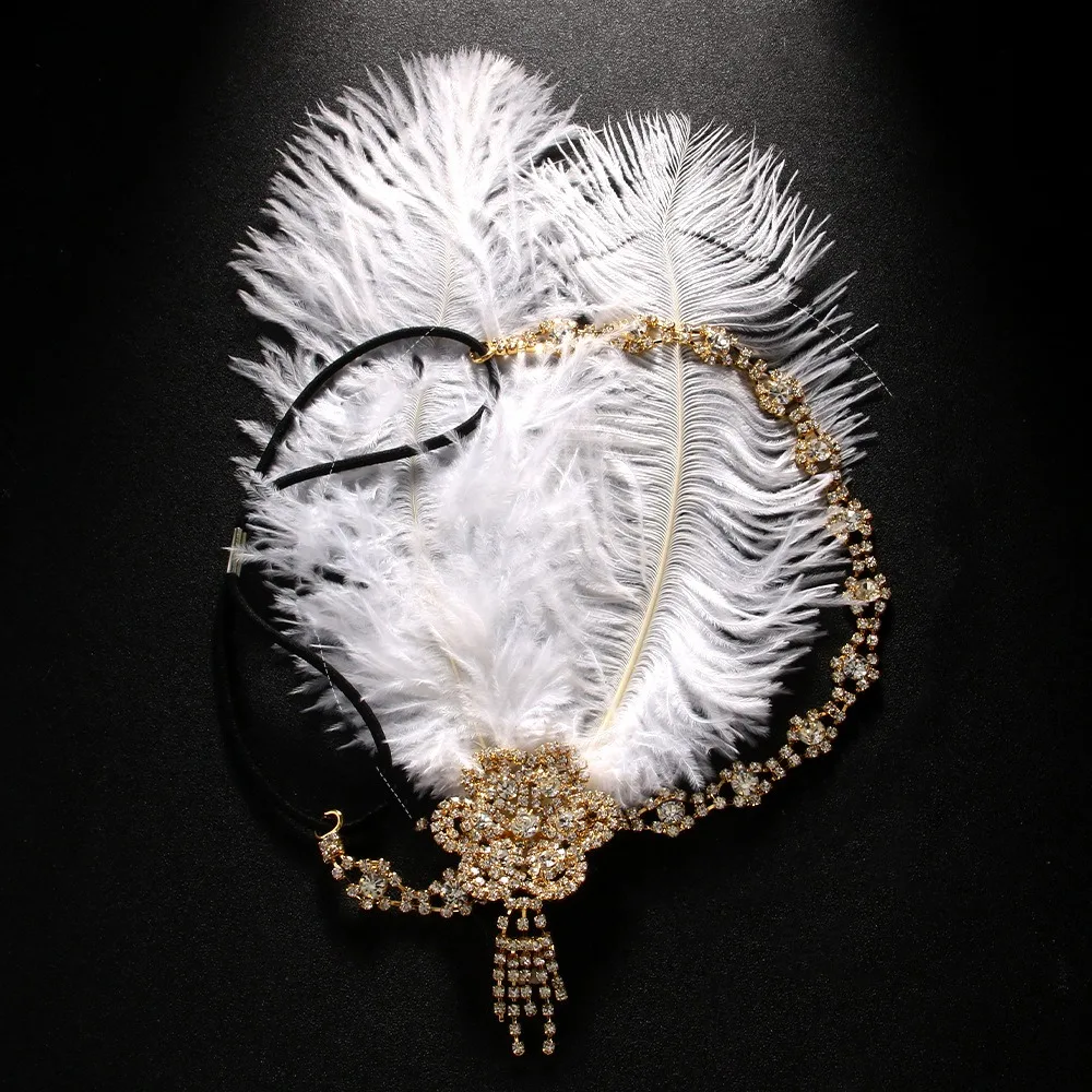 

Vintage Feather Headband Sequin Zircon Cosplay Dress Headwear Makeup Party Crystal Masquerade Hair Band Stage Performance