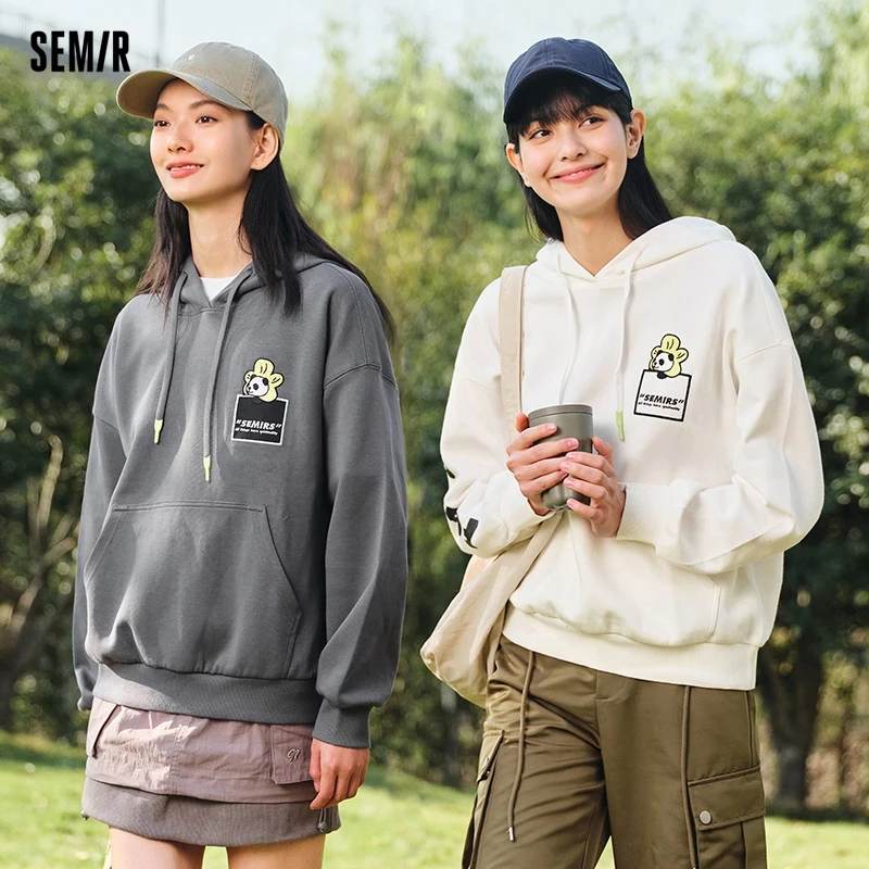 Semir 2024 Sweatshirt Women Embroidered Letter Off-Shoulder Trendy Spring Design Casual Loose Hooded Clothing Personality Top