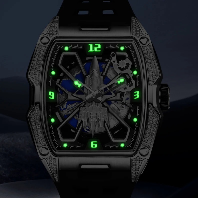 HANBORO Men Automatic Watch Luxury Mechanical Wristwatch Luminous Tonneau Waterproof Crystal Bezel The Background Planet Rotate