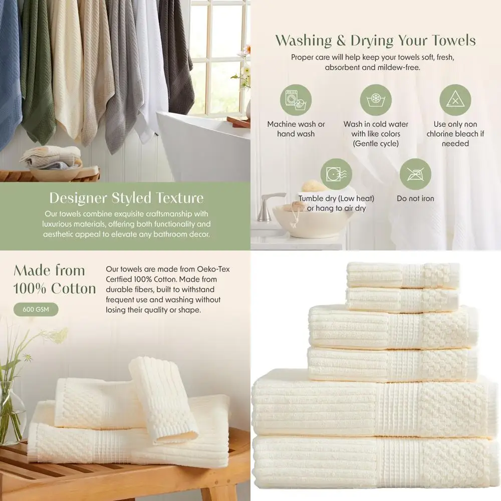 

6-Piece Cotton Bath Towel Set | Soft, Absorbent & Fast-Drying | Krista Collection Cream