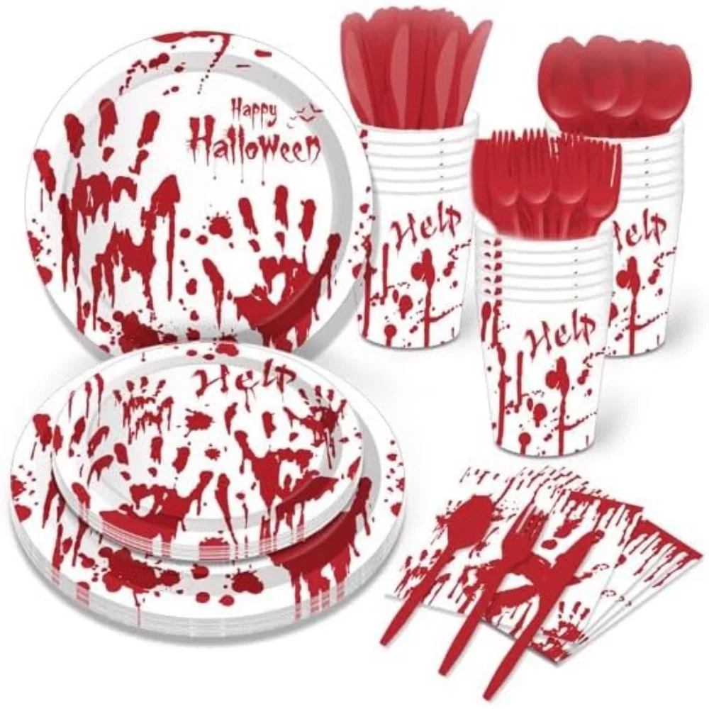 

68 disposable tableware sets for Halloween parties, including paper plates, napkins, cups, and Halloween horror decorations