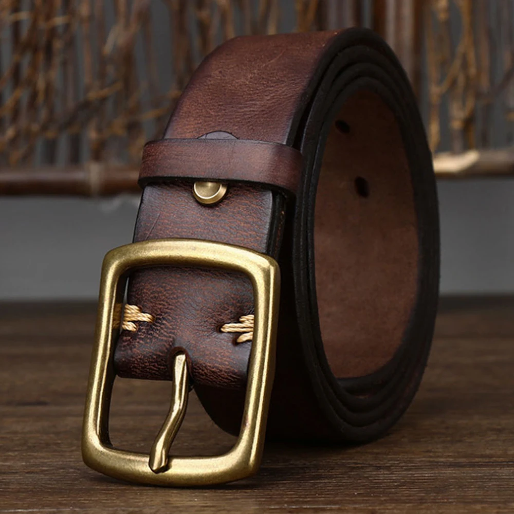 FAJARINA Men's Top Quality Head Layer Cow Skin Leather Brass Buckle Metal Belts for Men