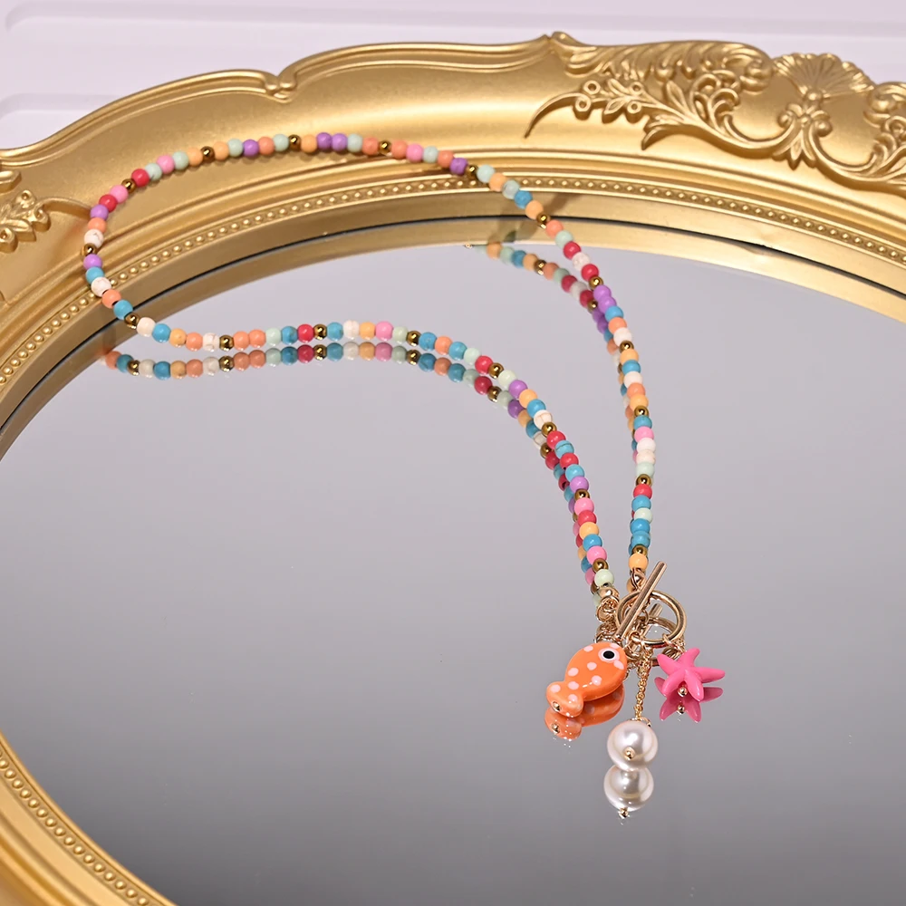 Sea-inspired Charming Pendant Necklace with 4mm Artificial Turquoise Chain Ceramic Fish & Faux Pearl Starfish Charms Jewelry