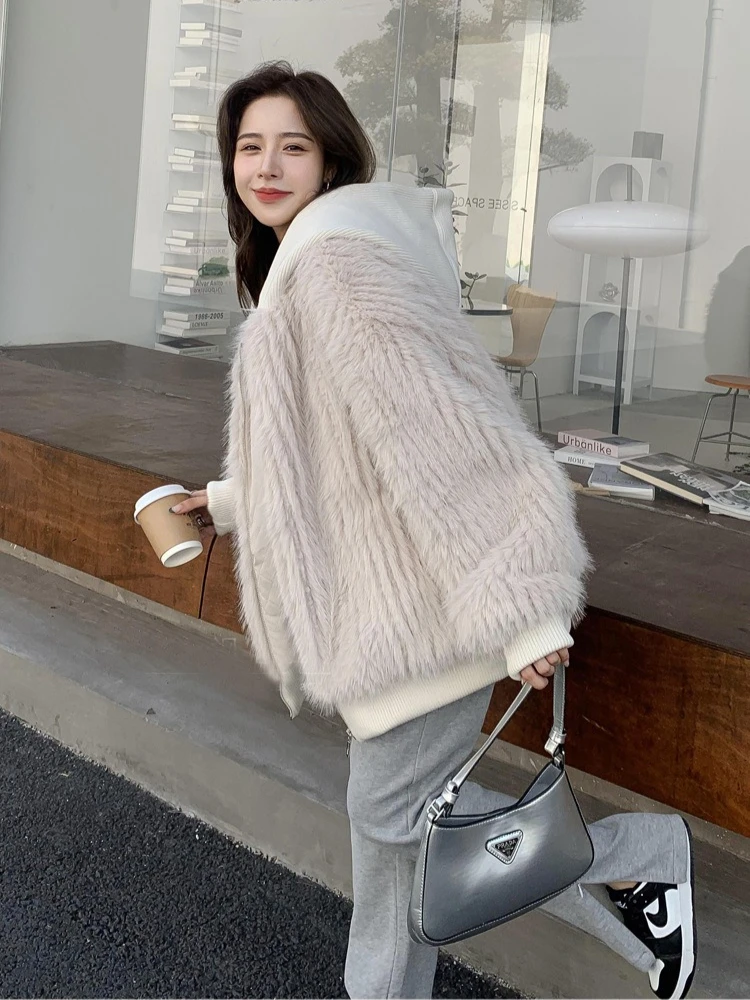 رقيق فو الفراء الثعلب معطف مضلع سترة غير رسمية المرأة معطف الفرو شتاء دافئ موضة مقنعين المرقعة فضفاض غامض سترات علوية العصرية
