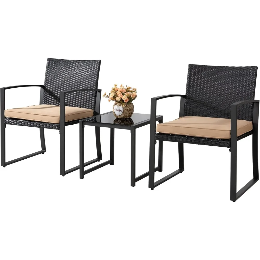 

3 Pieces Outdoor Patio Furniture Set, Modern Wicker Bistro Set, Conversation Rattan Chair of 2 with Coffee Table for Yard Porch