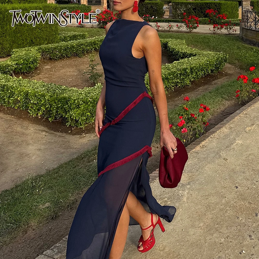 TWOTWINSTYLE – robe de soirée élégante en maille transparente épissée pour femmes, col rond, sans manches, taille haute, couleur amincissante