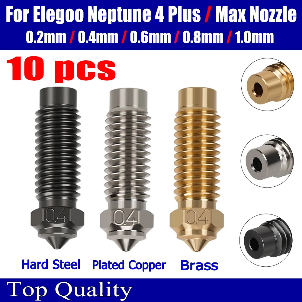 

For Elegoo Neptune 4 Plus Nozzle Brass Copper Plated Hardened Stee Nozzles For Elegoo Neptune 4 Max Nozzle 0.2 0.4 0.6 0.8 1.0mm