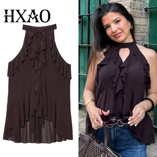 Top Y2k de verano para mujer, Top corto sin mangas para mujer, Top plisado Sexy, ropa informal coreana de estilo callejero, top de fiesta bonito marrón