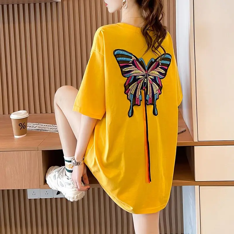 Female Clothing Fashion Butterfly Embroidery T-shirt Casual Loose Summer Short Sleeve Commute Basic O-Neck Drawstring Pullovers