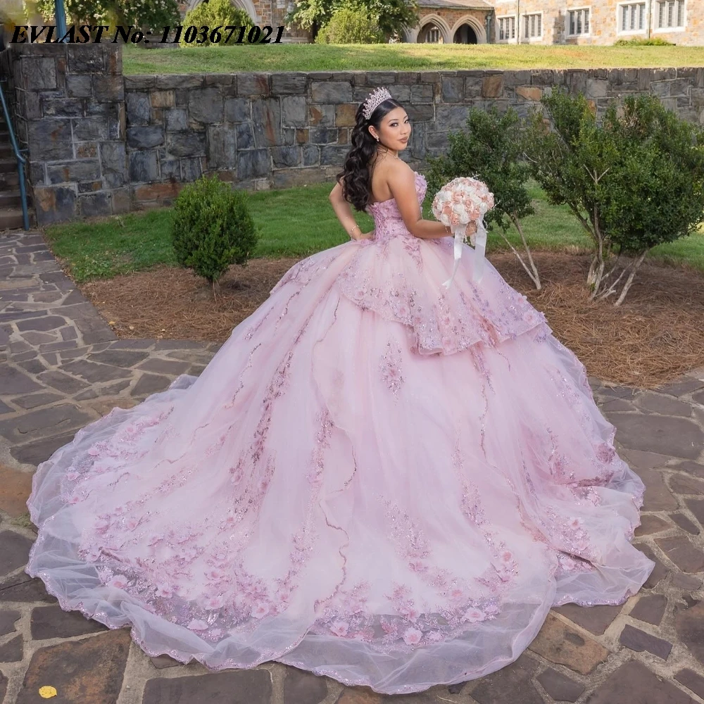 

EVLAST Princess Pink Quinceanera Dress Ball Gown Floral Lace Applique Beads Corset Sweet 16 Vestidos De 15 Anos Customized SQ785