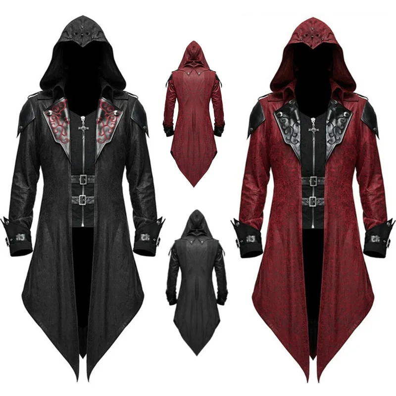 

Men's Faionable Gothic Hooded Jaet St Punk Long Coat Assassin Cosplay Stage Costume Summer 202 Ethnic Wear